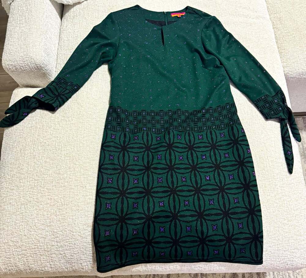 Vilagallo Green Metallic Geometric Print Shift Dress - Tie Cuff Sleeves - S40/M
